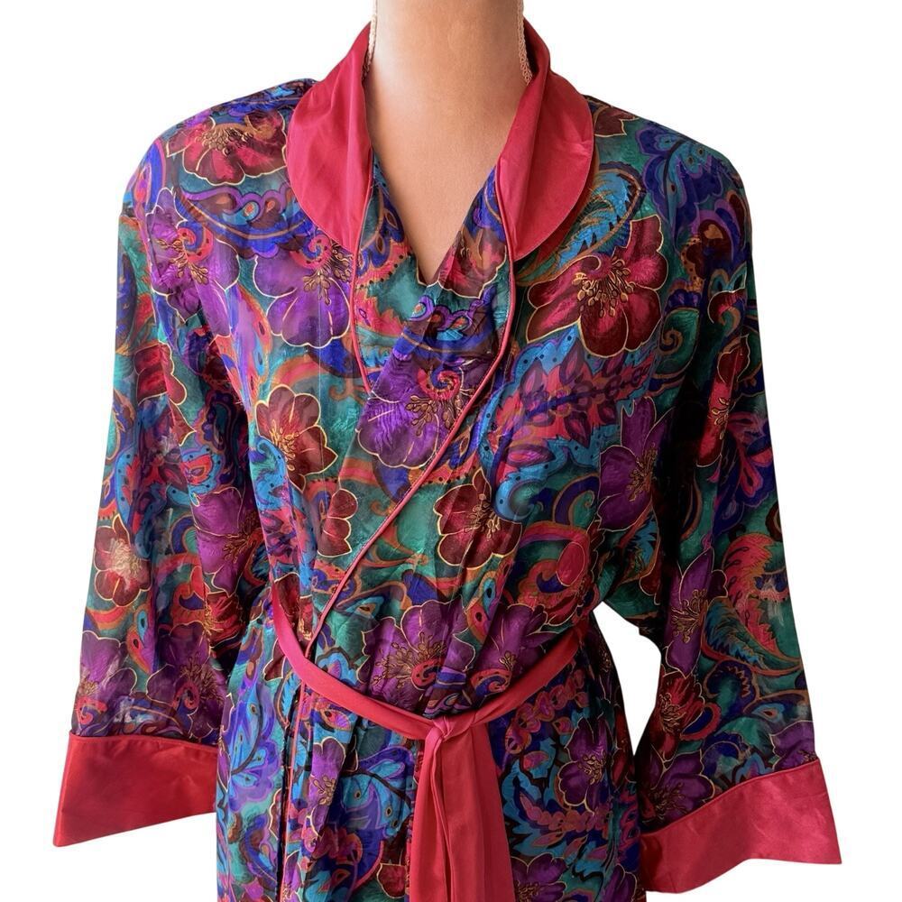 Vtg Victorias Secret Gold Label Paisley Long Robe Pink Satin Trim Fringe Glam S - Picture 3 of 15